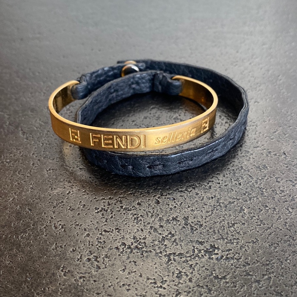 Fendi Black Leather and Gold Bracelet